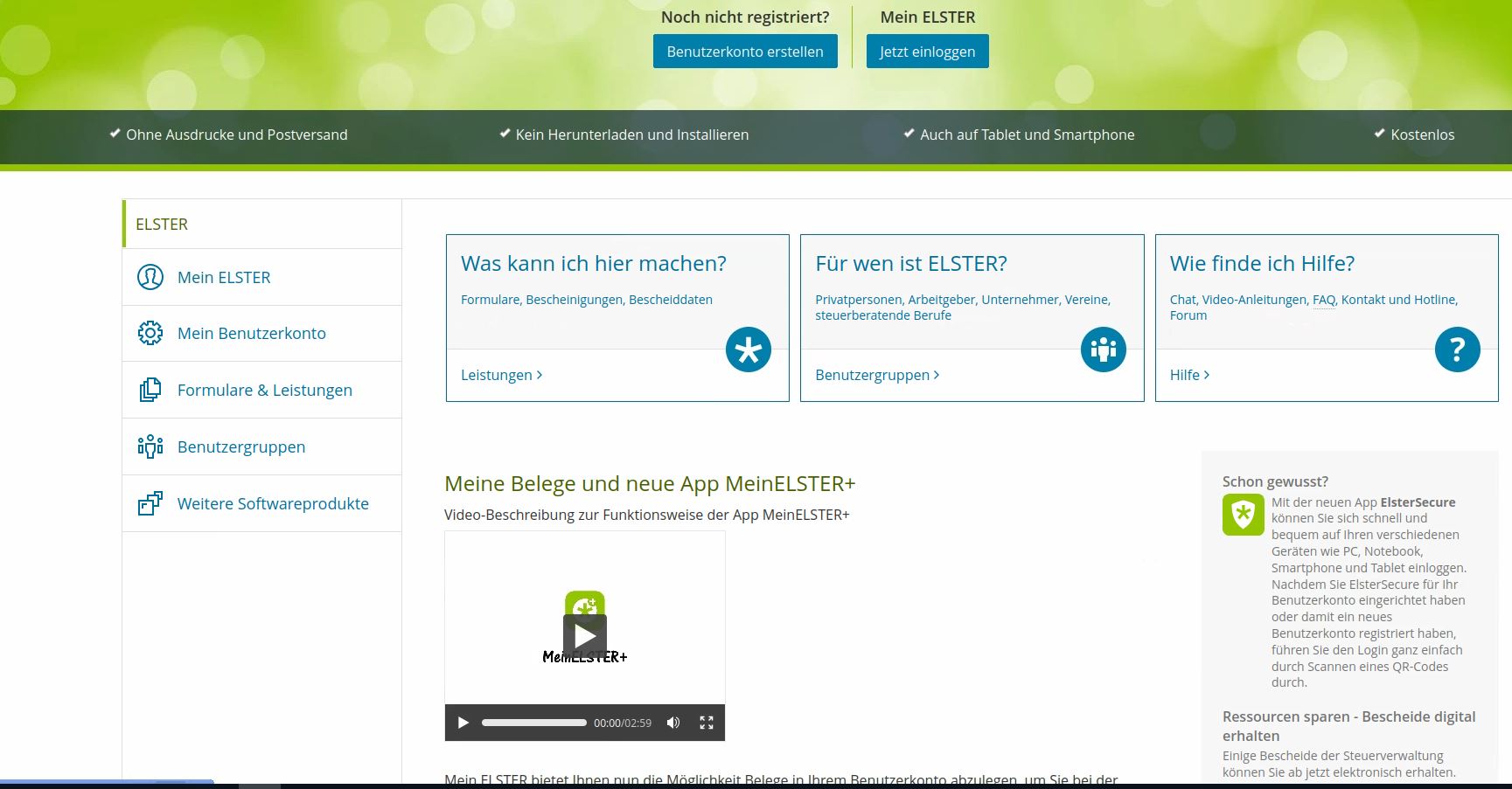 Bild zeigt das Internetportal der elektronischen Steuererklärung und des elektronischen Finanzamts "Mein ELSTER"